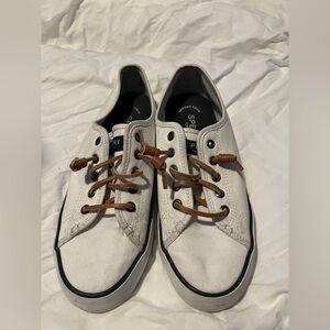 Sperry White Canvas Boat-Style Lace-Up Sneakers with Brown Laces